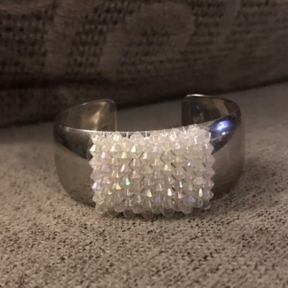 Aurora Borealis Geometric Square Beaded Large Thick Stainless Steel Cuff Bangle - Picture 6 of 12